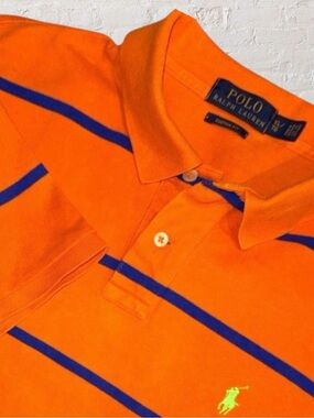 Polo Ralph Lauren Custom Fit Polo Shirt Orange/Blue Stripe XL Classic Prep Style